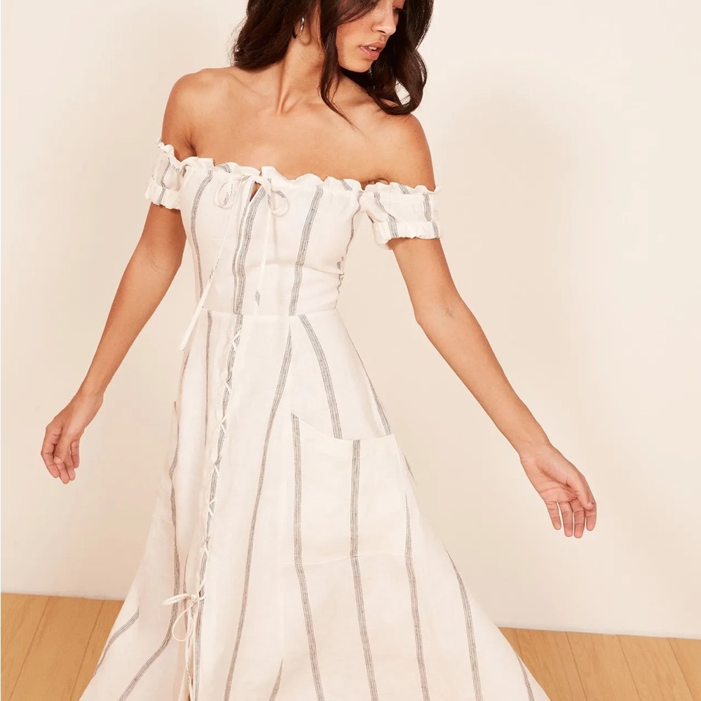Reformation Bogota Dress striped white linen dress size 2